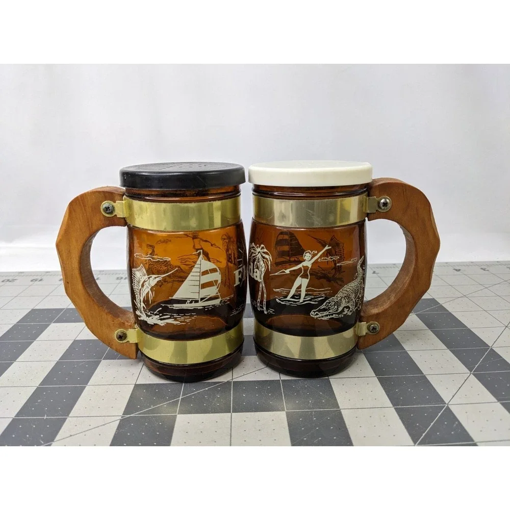 Florida Souvenir Salt Pepper Shaker Glass Mug Stein‎ Wood Handle 4.25 Inch Tall